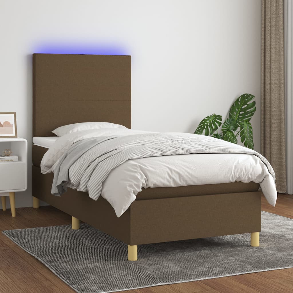 Krevet box spring s madracem LED tamnosmeđi 90x200 cm tkanina
