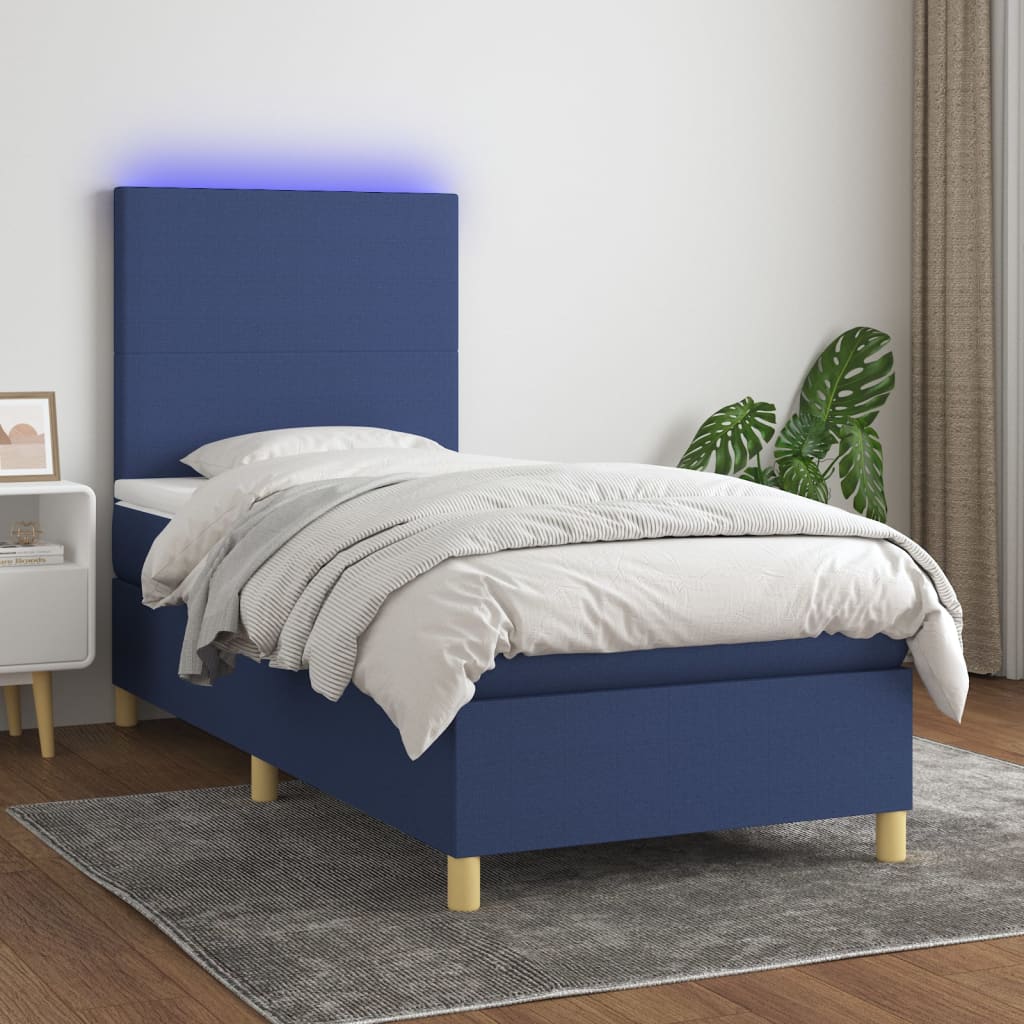 Krevet box spring s madracem LED plavi 90x200 cm od tkanine