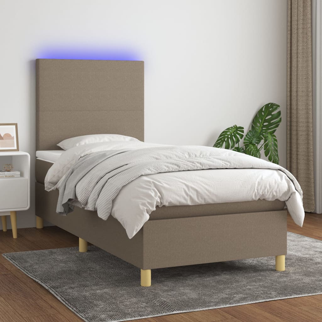 Krevet box spring s madracem LED smeđesivi 100x200 cm tkanina
