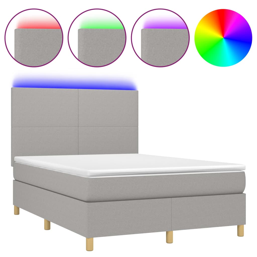 Krevet box spring s madracem LED svjetlosivi 140x190 cm tkanina