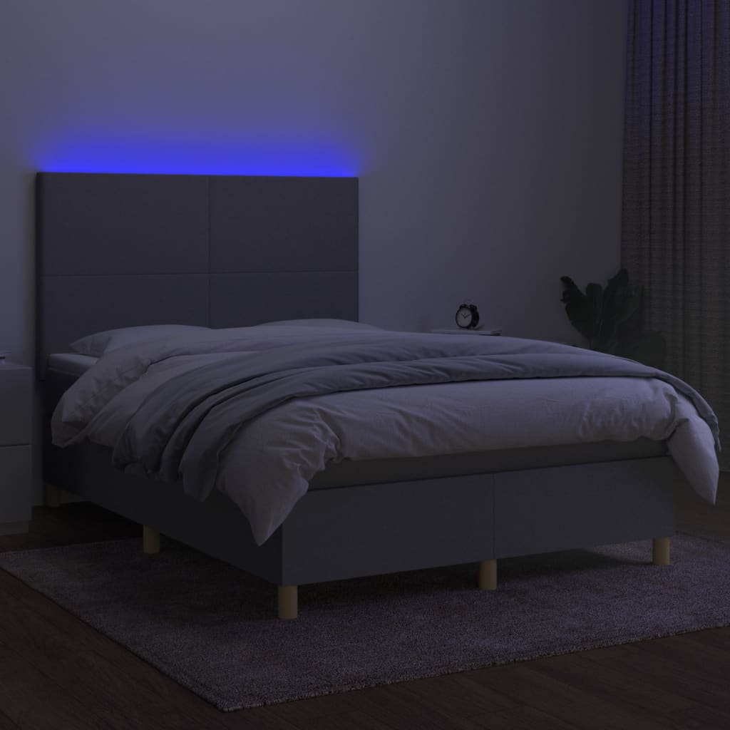 Krevet box spring s madracem LED svjetlosivi 140x190 cm tkanina