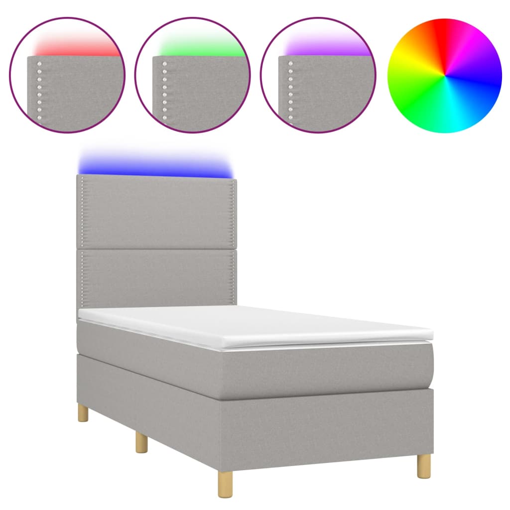 Krevet box spring s madracem LED svjetlosivi 90x200 cm tkanina
