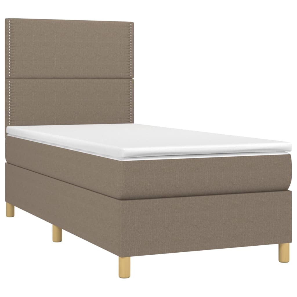 Krevet box spring s madracem LED smeđesivi 90x200 cm tkanina