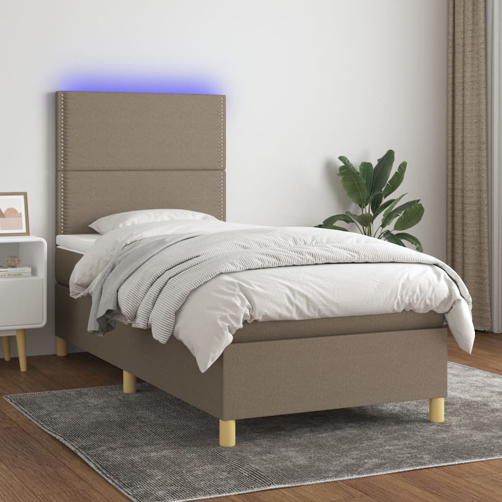 Krevet box spring s madracem LED smeđesivi 90x200 cm tkanina