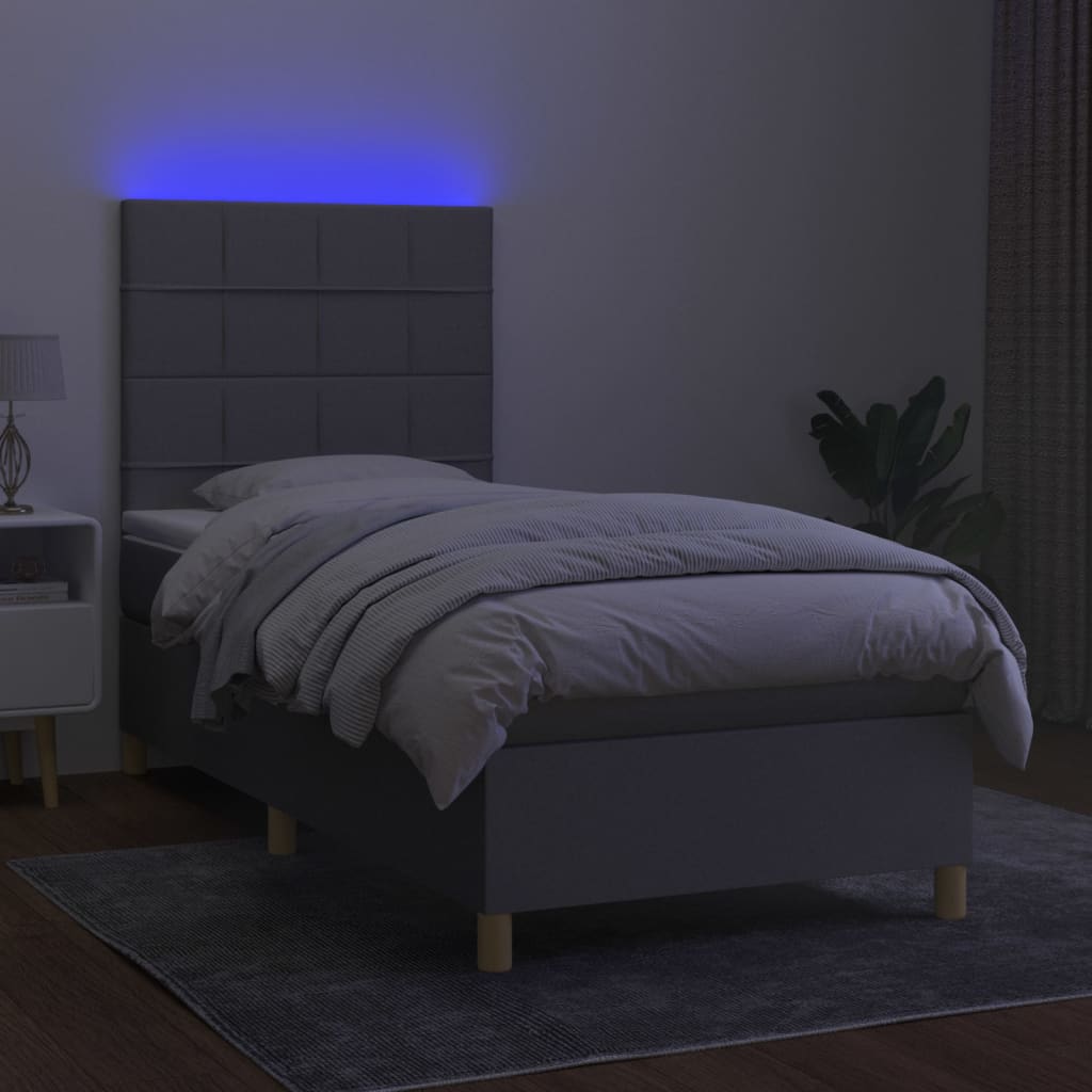 Krevet box spring s madracem LED svjetlosivi 90x200 cm tkanina