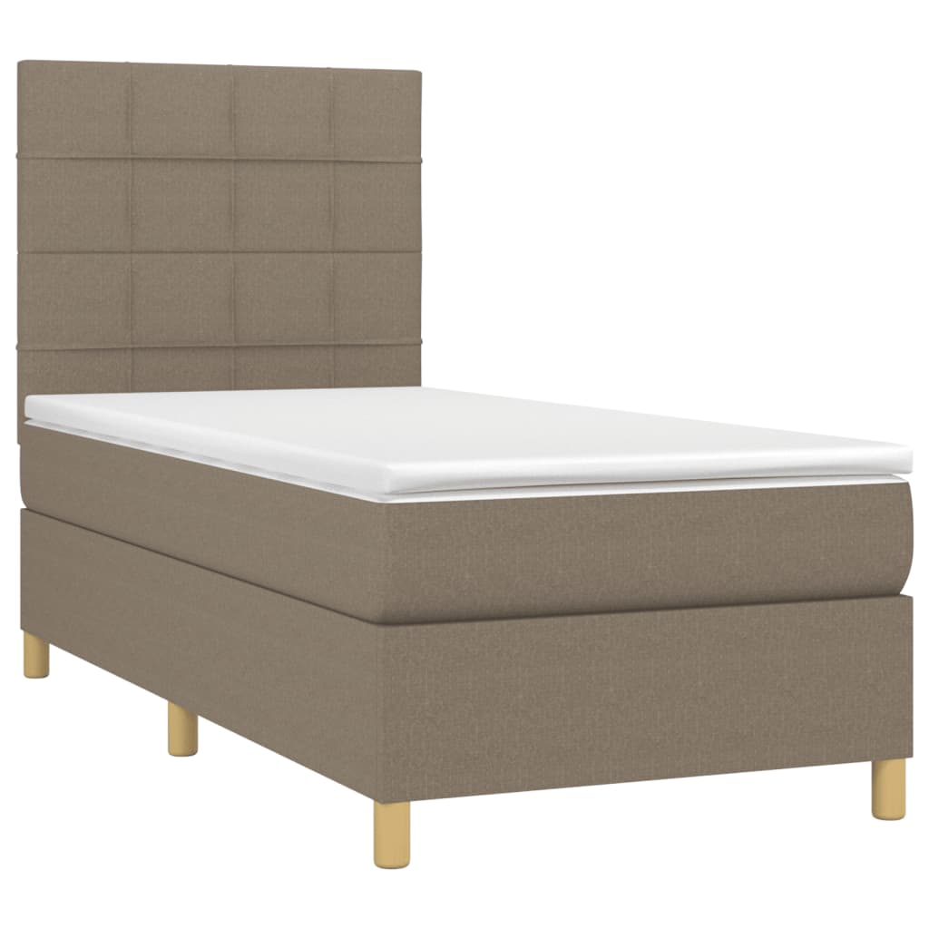 Krevet box spring s madracem LED smeđesivi 90x200 cm tkanina