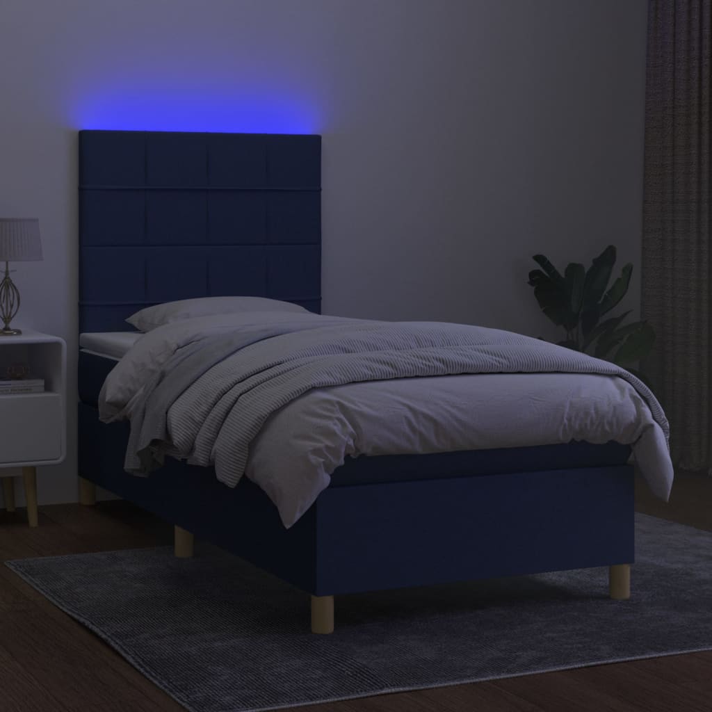 Krevet box spring s madracem LED plavi 90x200 cm od tkanine