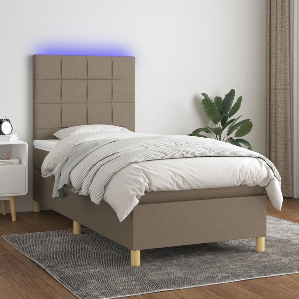 Krevet box spring s madracem LED smeđesivi 100x200 cm tkanina