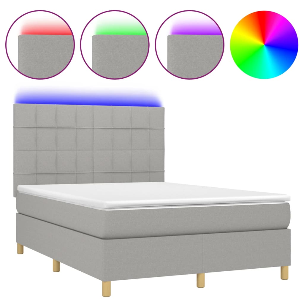 Krevet box spring s madracem LED svjetlosivi 140x190 cm tkanina