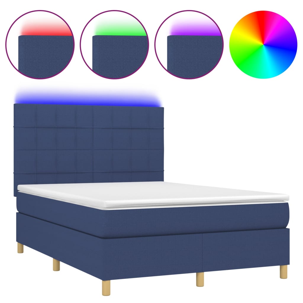 Krevet box spring s madracem LED plavi 140x190 cm od tkanine
