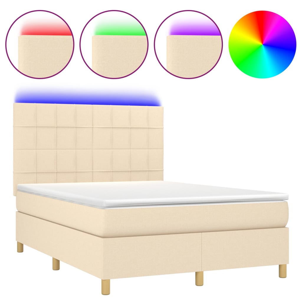 Krevet box spring s madracem LED krem 140x200 cm od tkanine