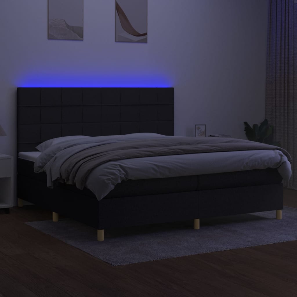 Krevet box spring s madracem LED crni 200x200 cm od tkanine