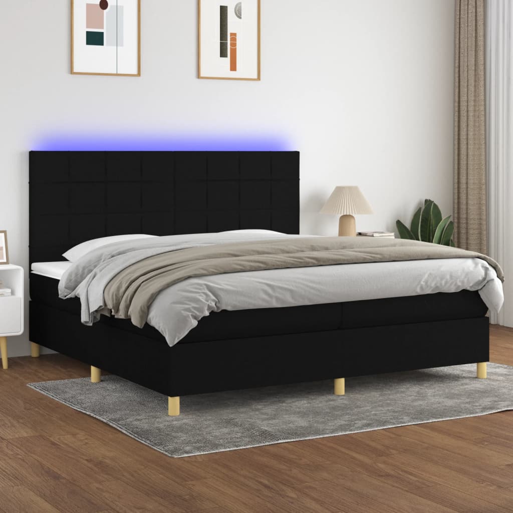 Krevet box spring s madracem LED crni 200x200 cm od tkanine