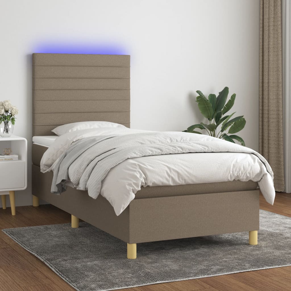 Krevet box spring s madracem LED smeđesivi 90x190 cm tkanina