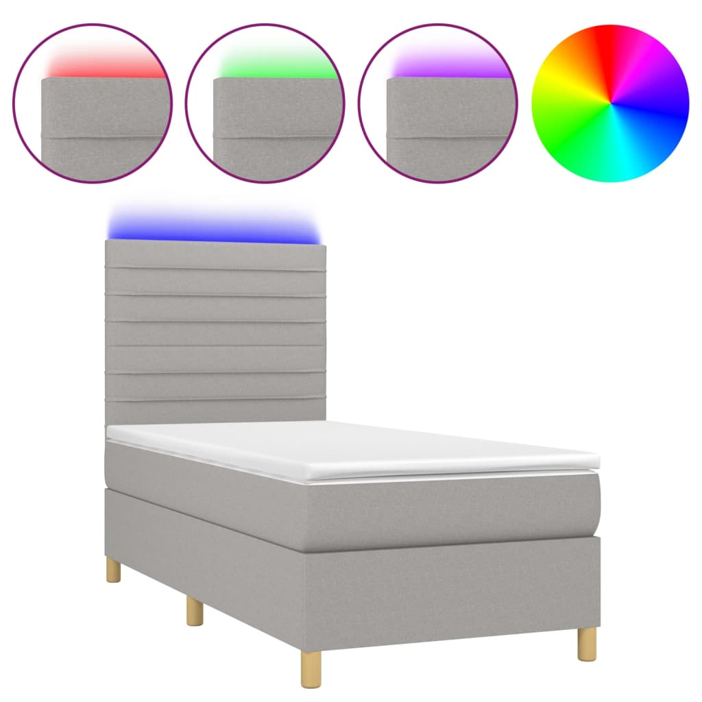 Krevet box spring s madracem LED svjetlosivi 100x200 cm tkanina