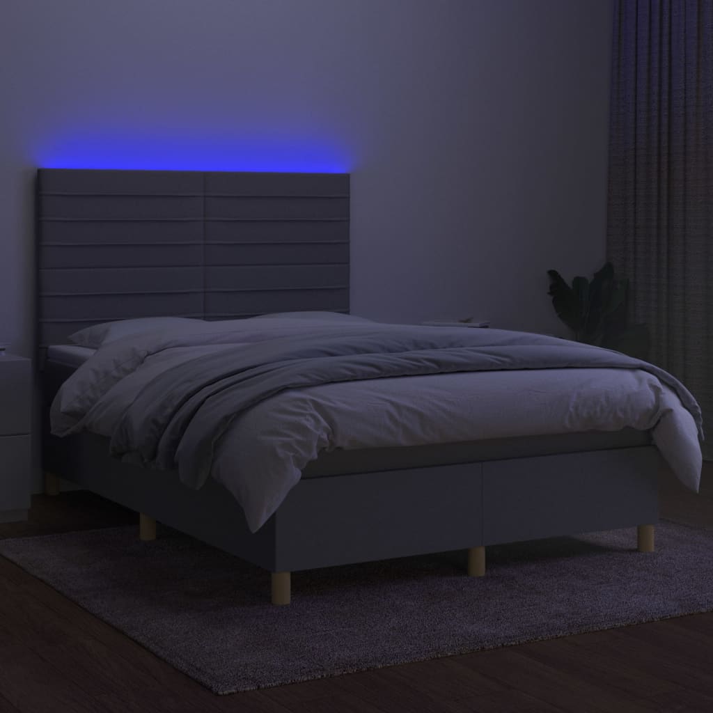 Krevet box spring s madracem LED svjetlosivi 140x200 cm tkanina