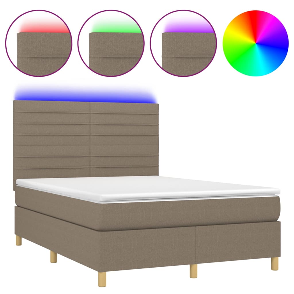 Krevet box spring s madracem LED smeđesivi 140x200 cm tkanina