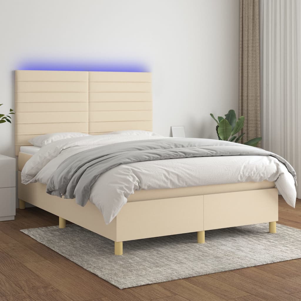 Krevet box spring s madracem LED krem 140x200 cm od tkanine