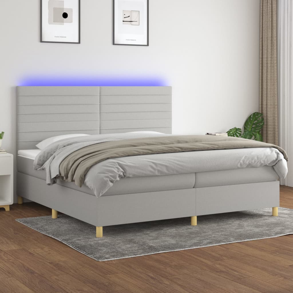 Krevet box spring s madracem LED svjetlosivi 200x200 cm tkanina