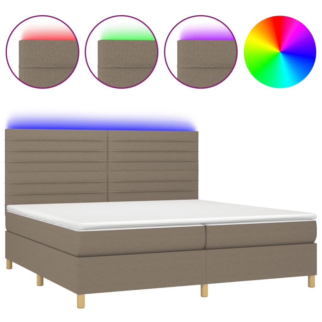 Krevet box spring s madracem LED smeđesivi 200x200 cm tkanina