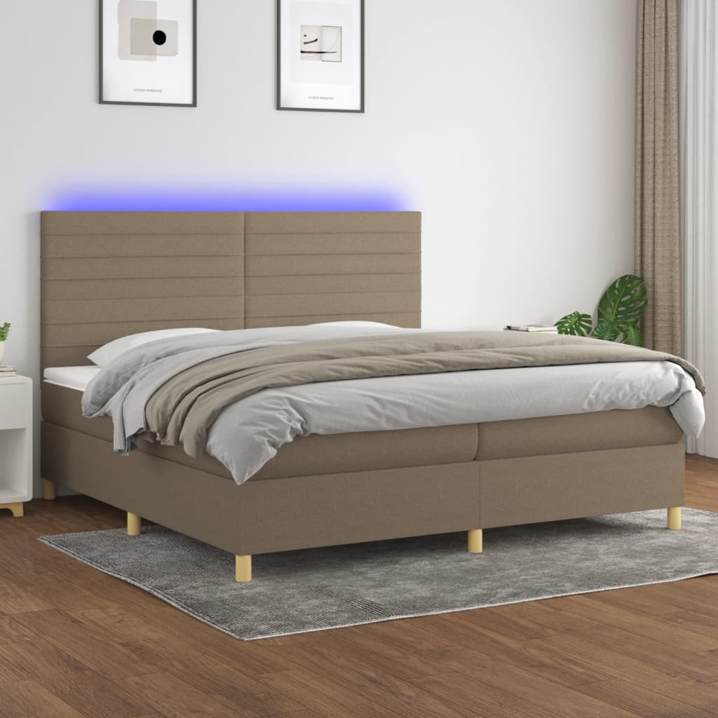 Krevet box spring s madracem LED smeđesivi 200x200 cm tkanina