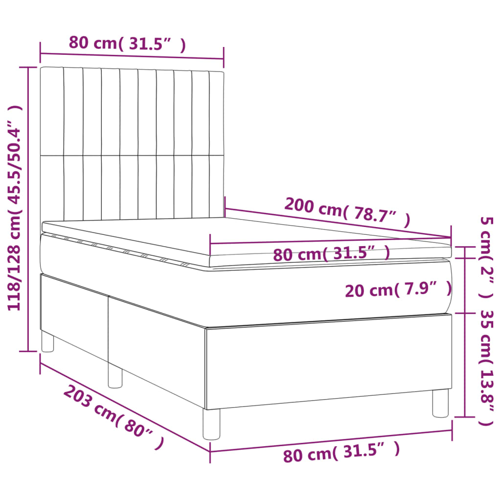 Krevet box spring s madracem LED tamnosivi 80 x 200 cm tkanina