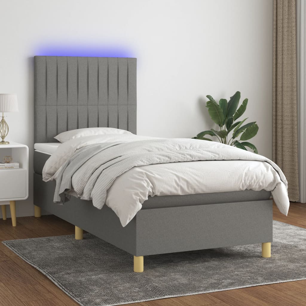 Krevet box spring s madracem LED tamnosivi 90x190 cm tkanina