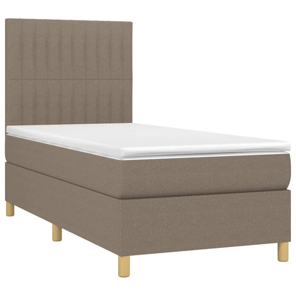 Krevet box spring s madracem LED smeđesivi 90x200 cm tkanina