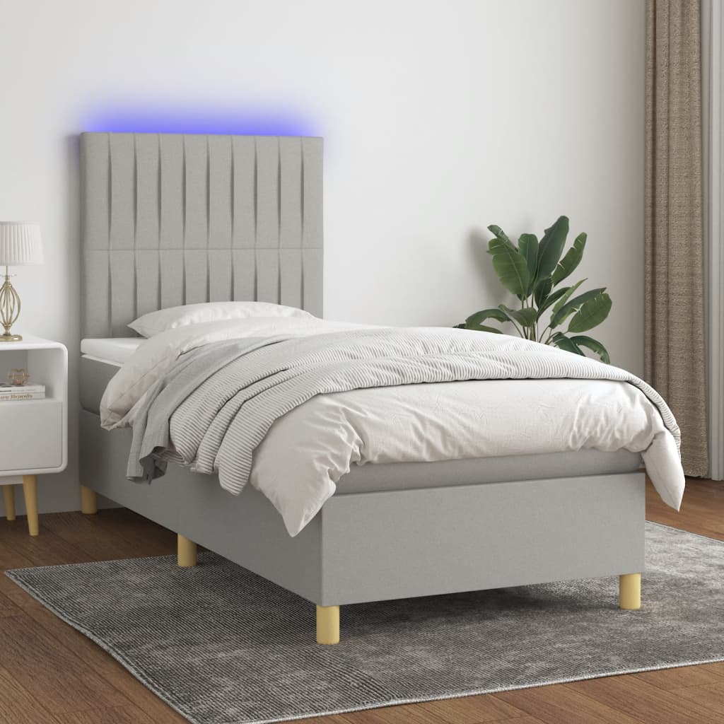 Krevet box spring s madracem LED svjetlosivi 100x200 cm tkanina