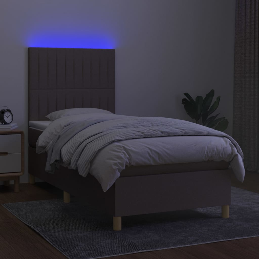 Krevet box spring s madracem LED smeđesivi 100x200 cm tkanina