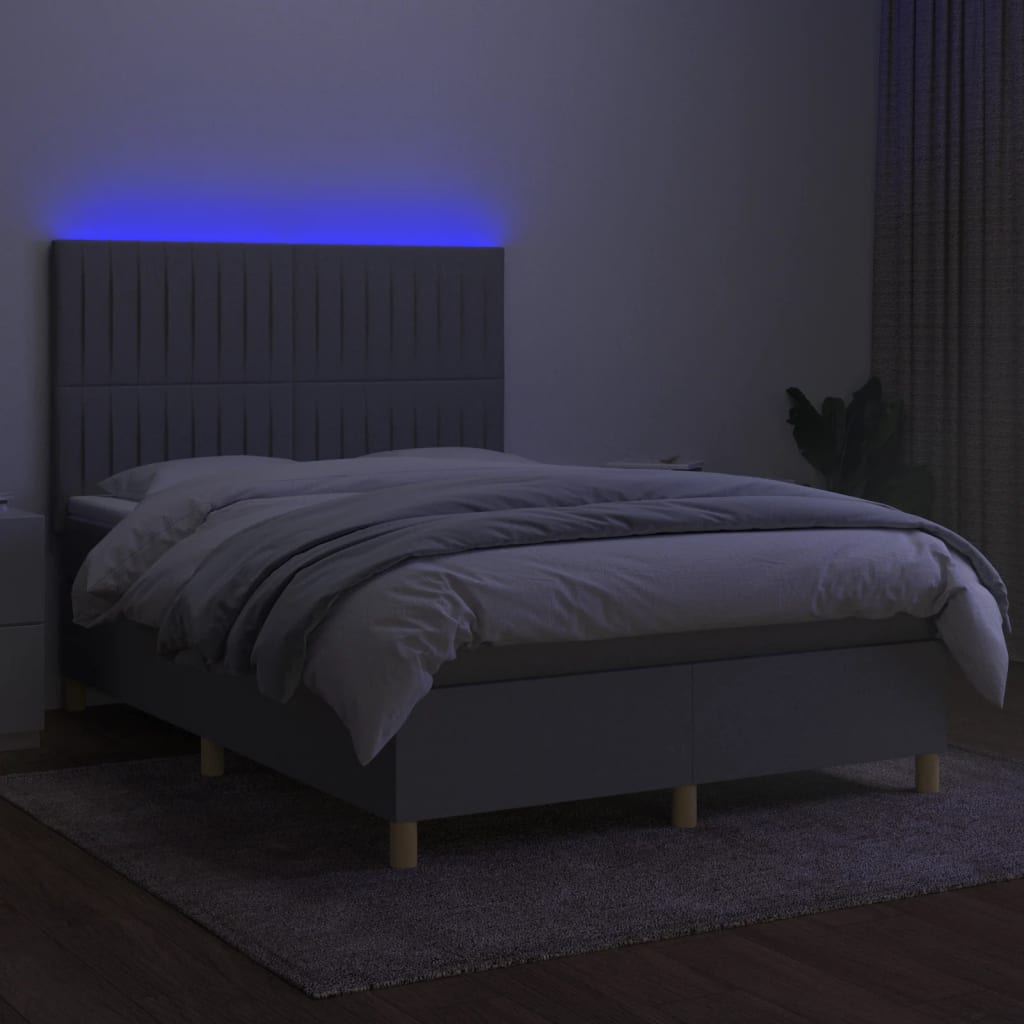 Krevet box spring s madracem LED svjetlosivi 140x190 cm tkanina