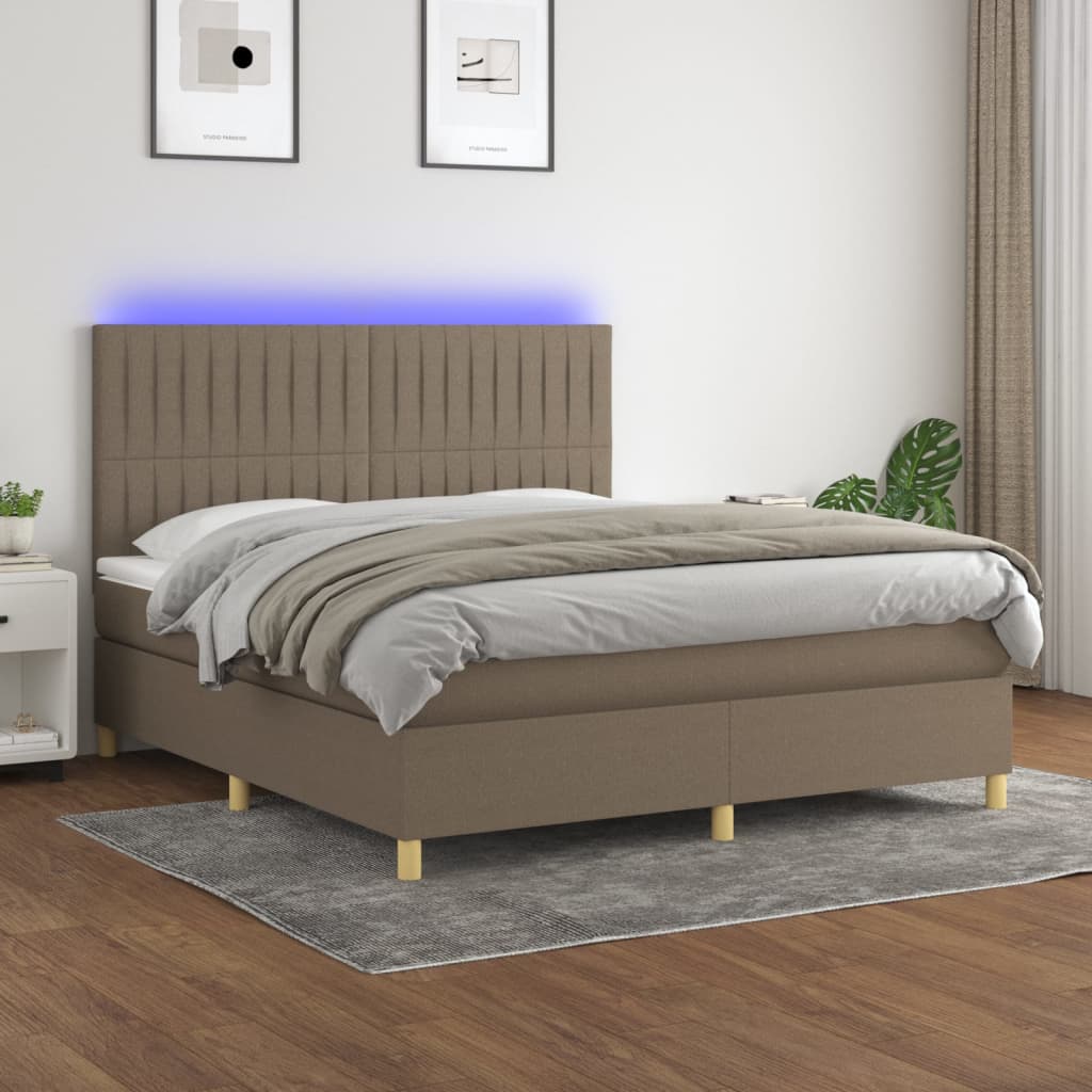 Krevet box spring s madracem LED smeđesivi 180x200 cm tkanina