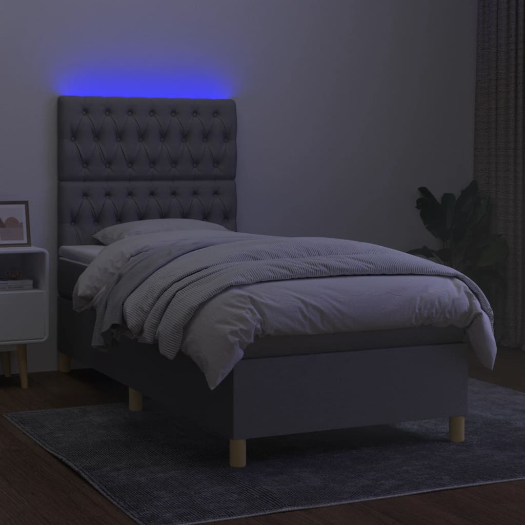 Krevet box spring s madracem LED svjetlosivi 90x190 cm tkanina