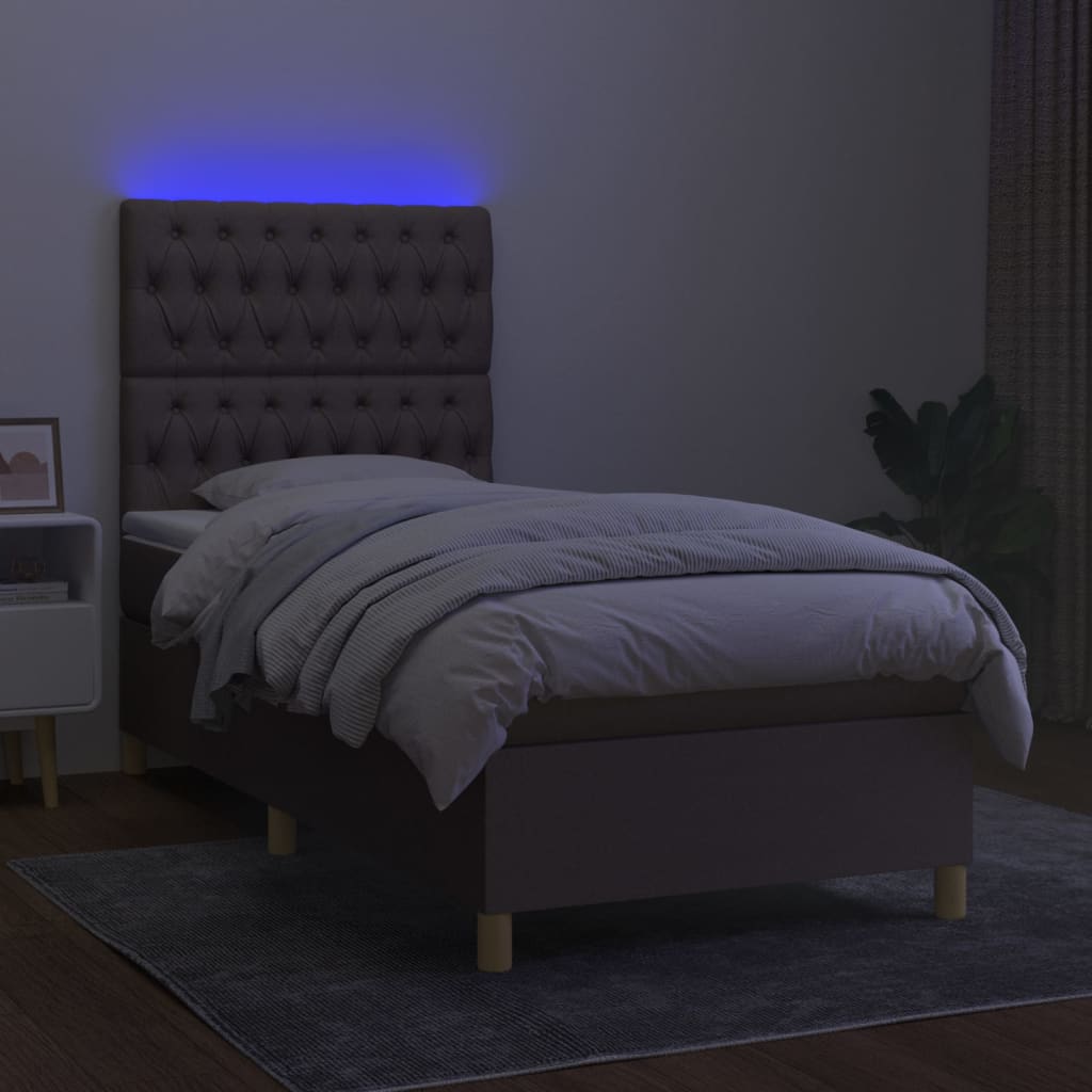Krevet box spring s madracem LED smeđesivi 90x190 cm tkanina