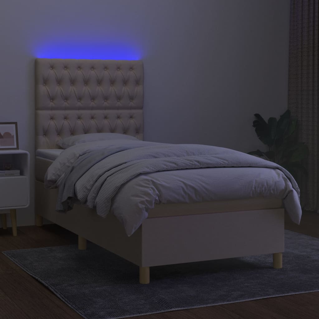 Krevet box spring s madracem LED krem 90x190 cm od tkanine