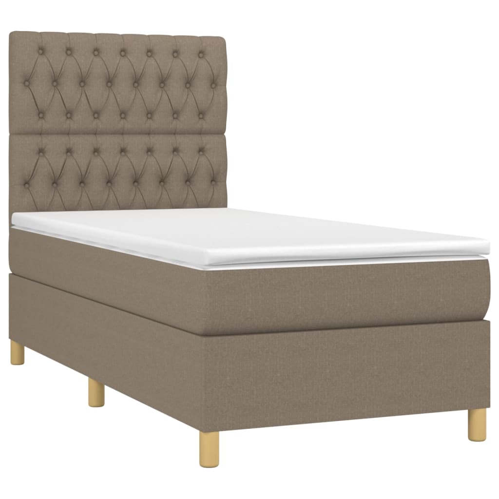 Krevet box spring s madracem LED smeđesivi 90x200 cm tkanina