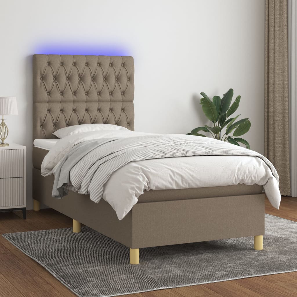 Krevet box spring s madracem LED smeđesivi 90x200 cm tkanina