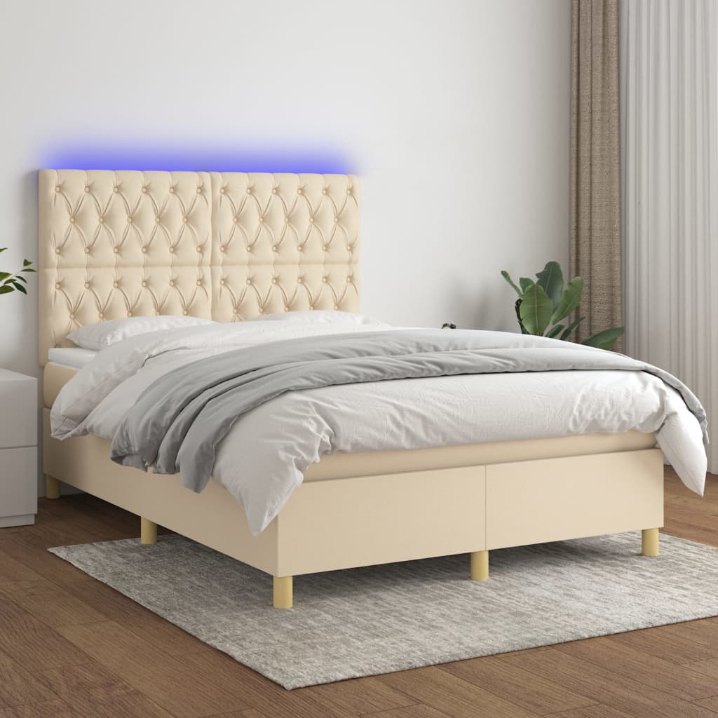 Krevet box spring s madracem LED krem 140x190 cm od tkanine