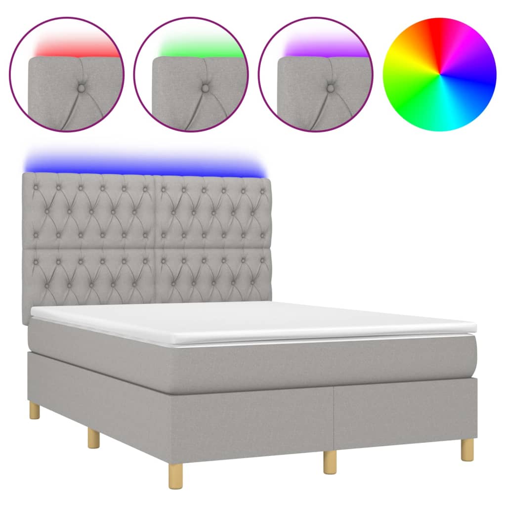 Krevet box spring s madracem LED svjetlosivi 140x200 cm tkanina