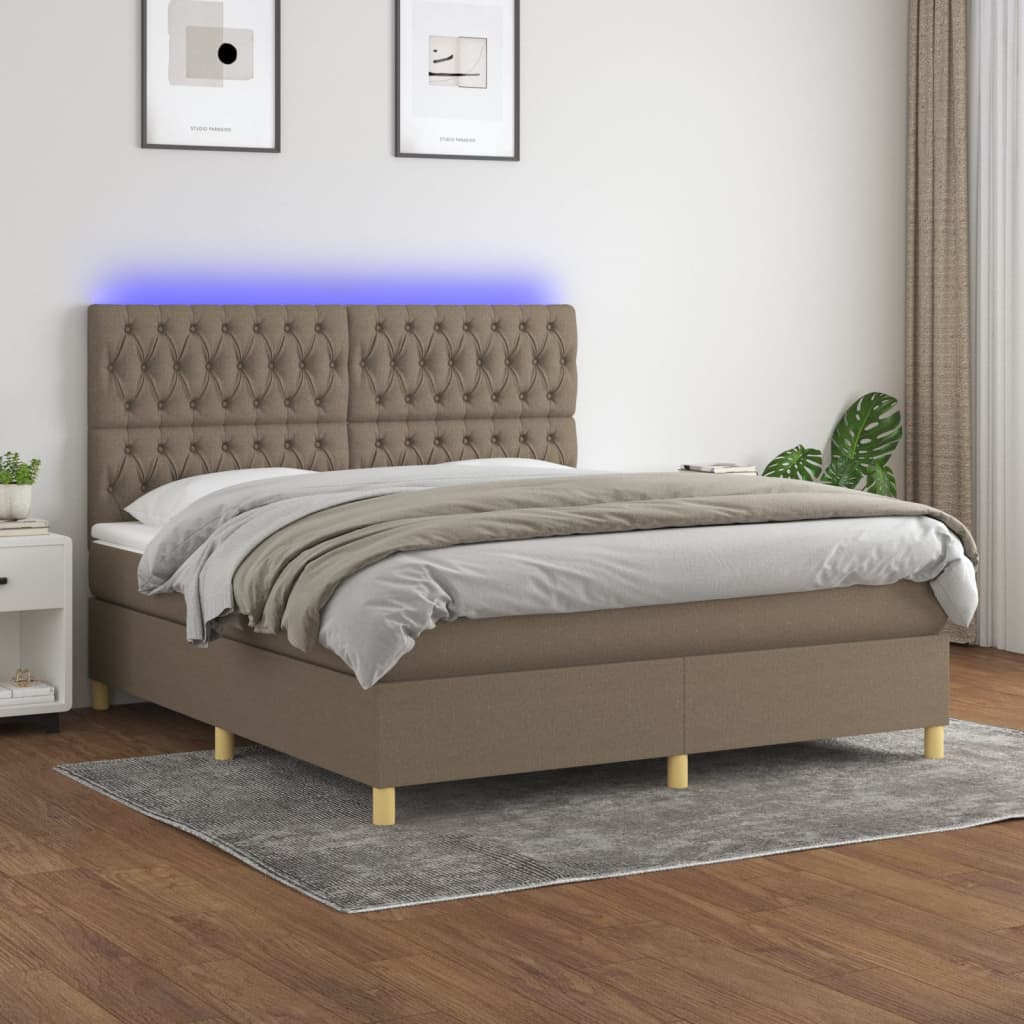 Krevet box spring s madracem LED smeđesivi 160x200 cm tkanina