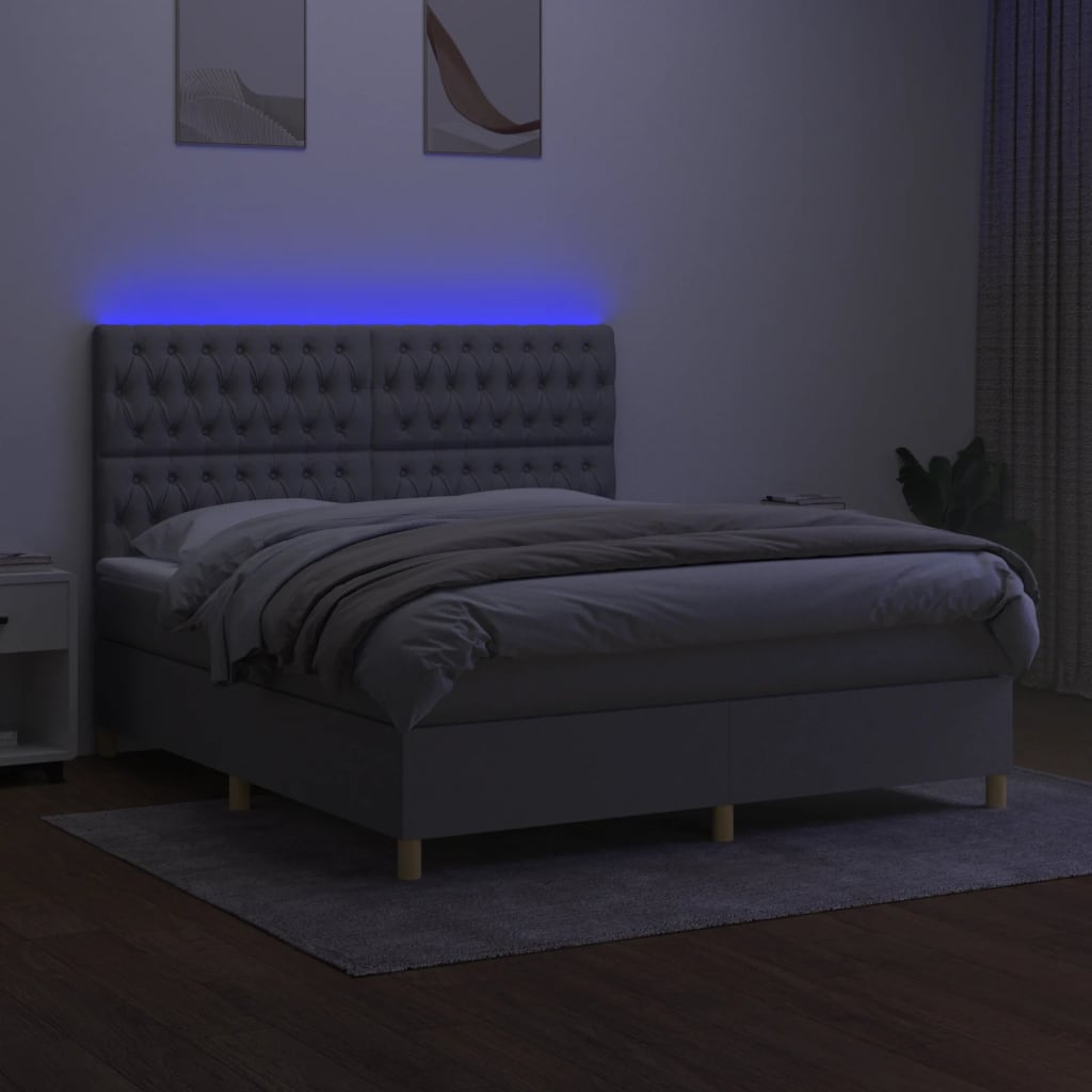 Krevet box spring s madracem LED svjetlosivi 180x200 cm tkanina