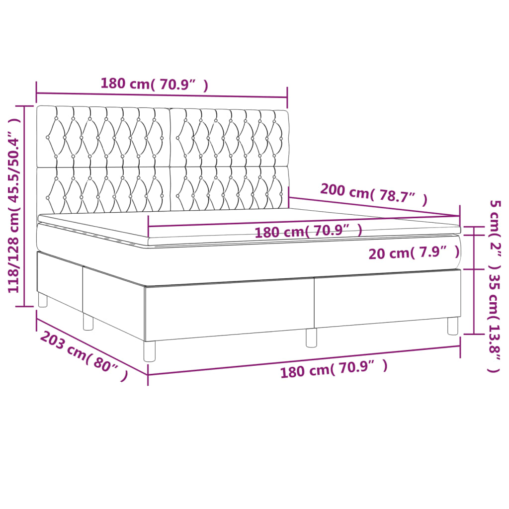 Krevet box spring s madracem LED svjetlosivi 180x200 cm tkanina
