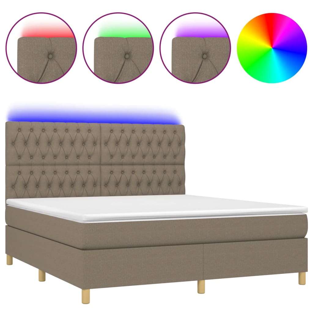 Krevet box spring s madracem LED smeđesivi 180x200 cm tkanina