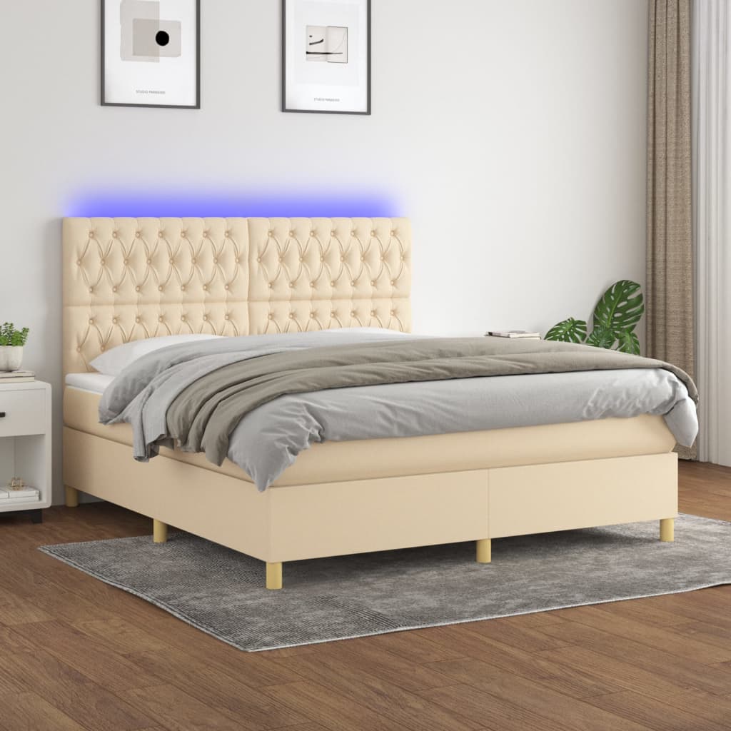 Krevet box spring s madracem LED krem 180x200 cm od tkanine