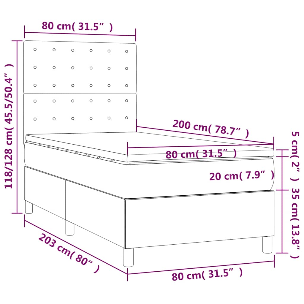 Krevet box spring s madracem LED crni 80 x 200 cm od tkanine