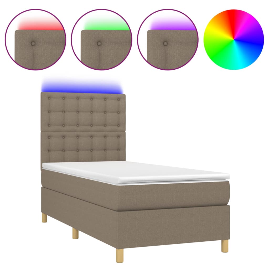 Krevet box spring s madracem LED smeđesivi 90x190 cm tkanina