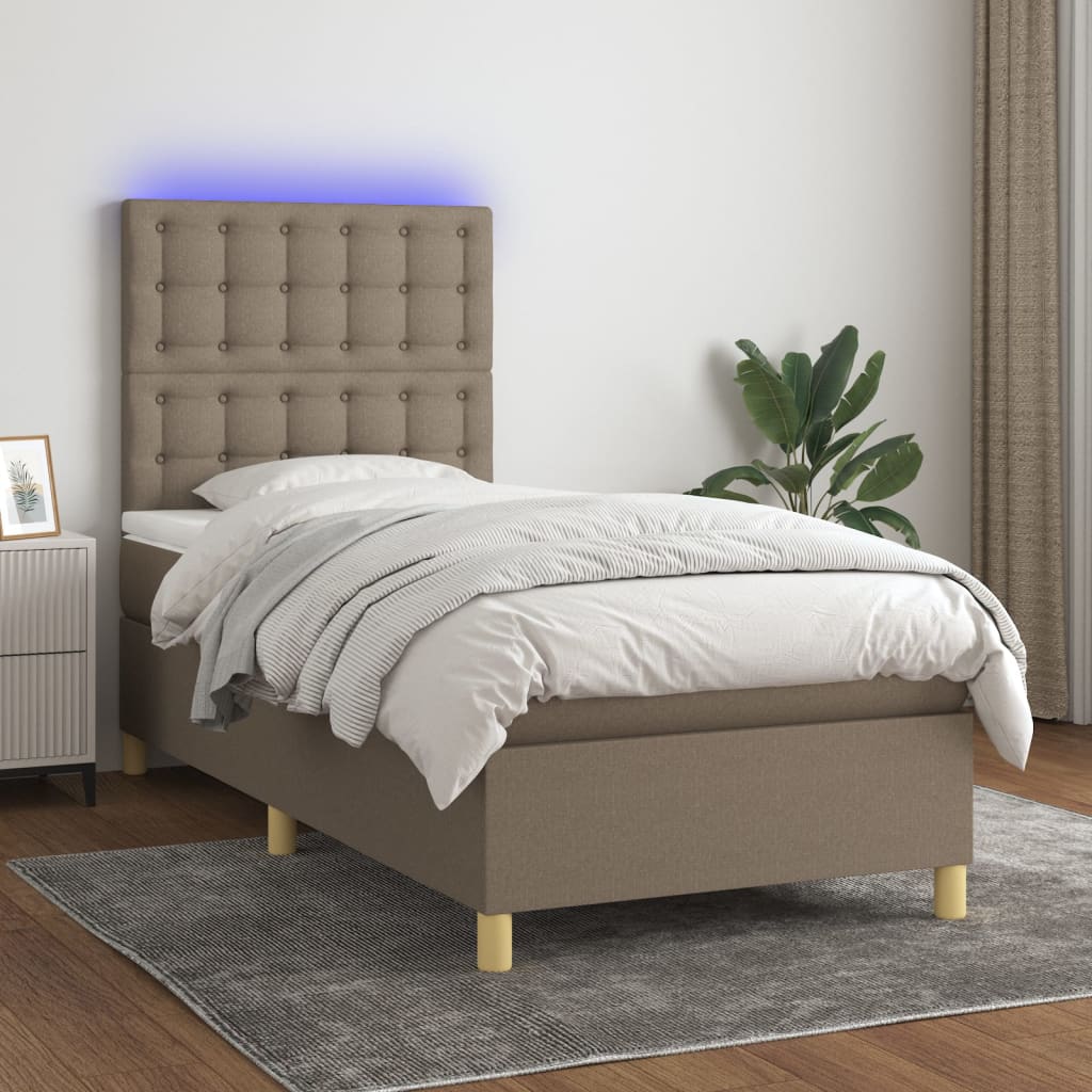 Krevet box spring s madracem LED smeđesivi 90x190 cm tkanina