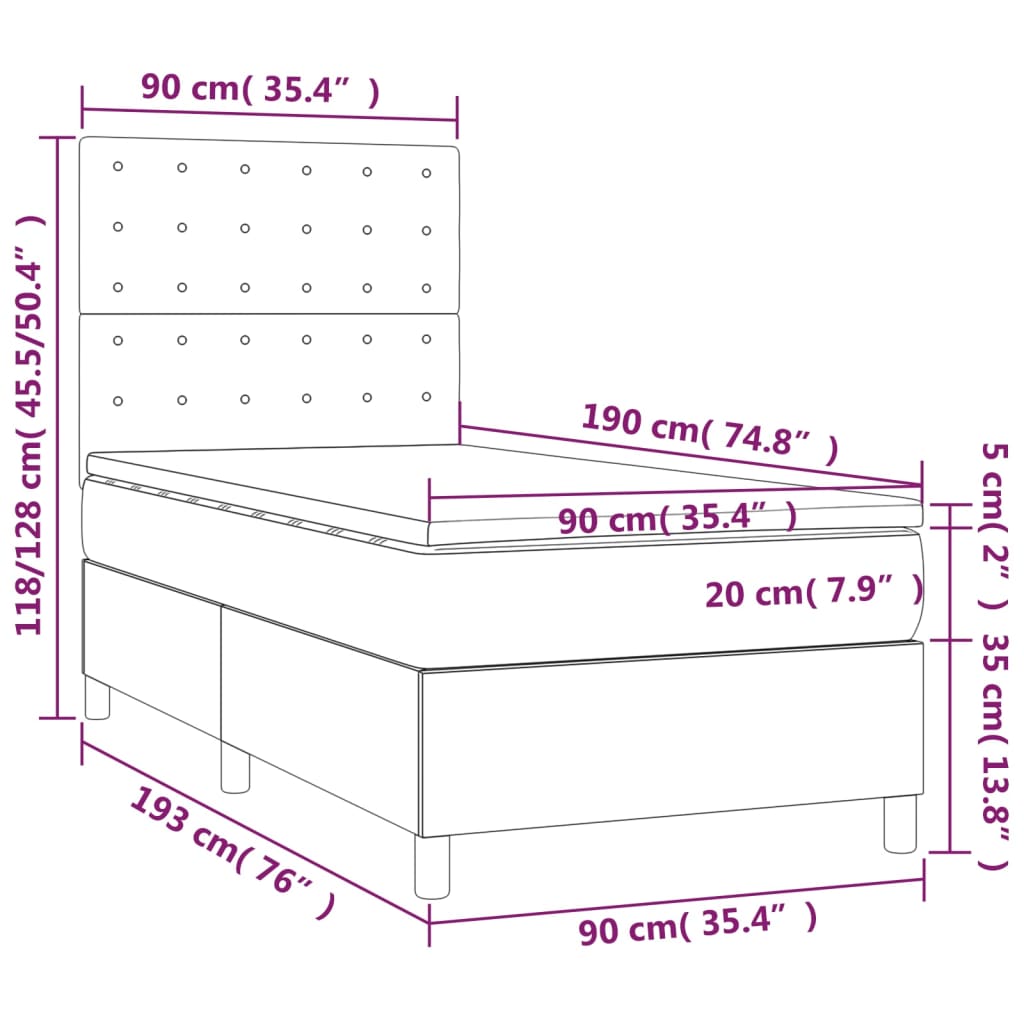 Krevet box spring s madracem LED krem 90x190 cm od tkanine
