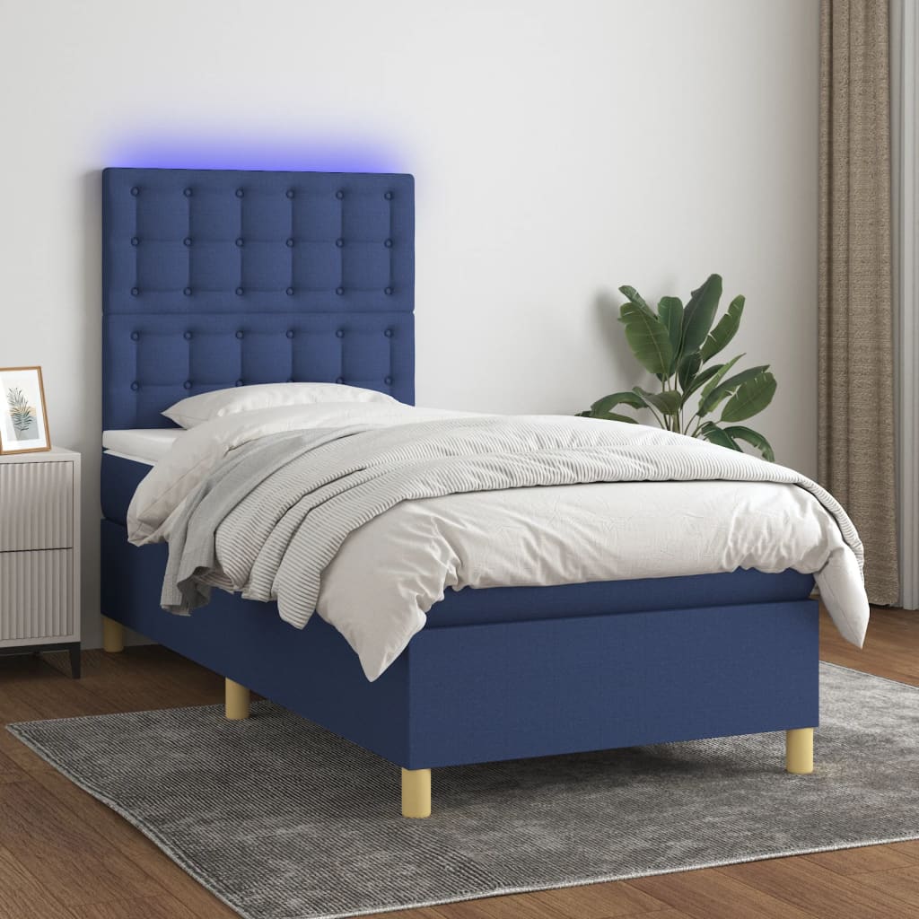 Krevet box spring s madracem LED plavi 90x190 cm od tkanine