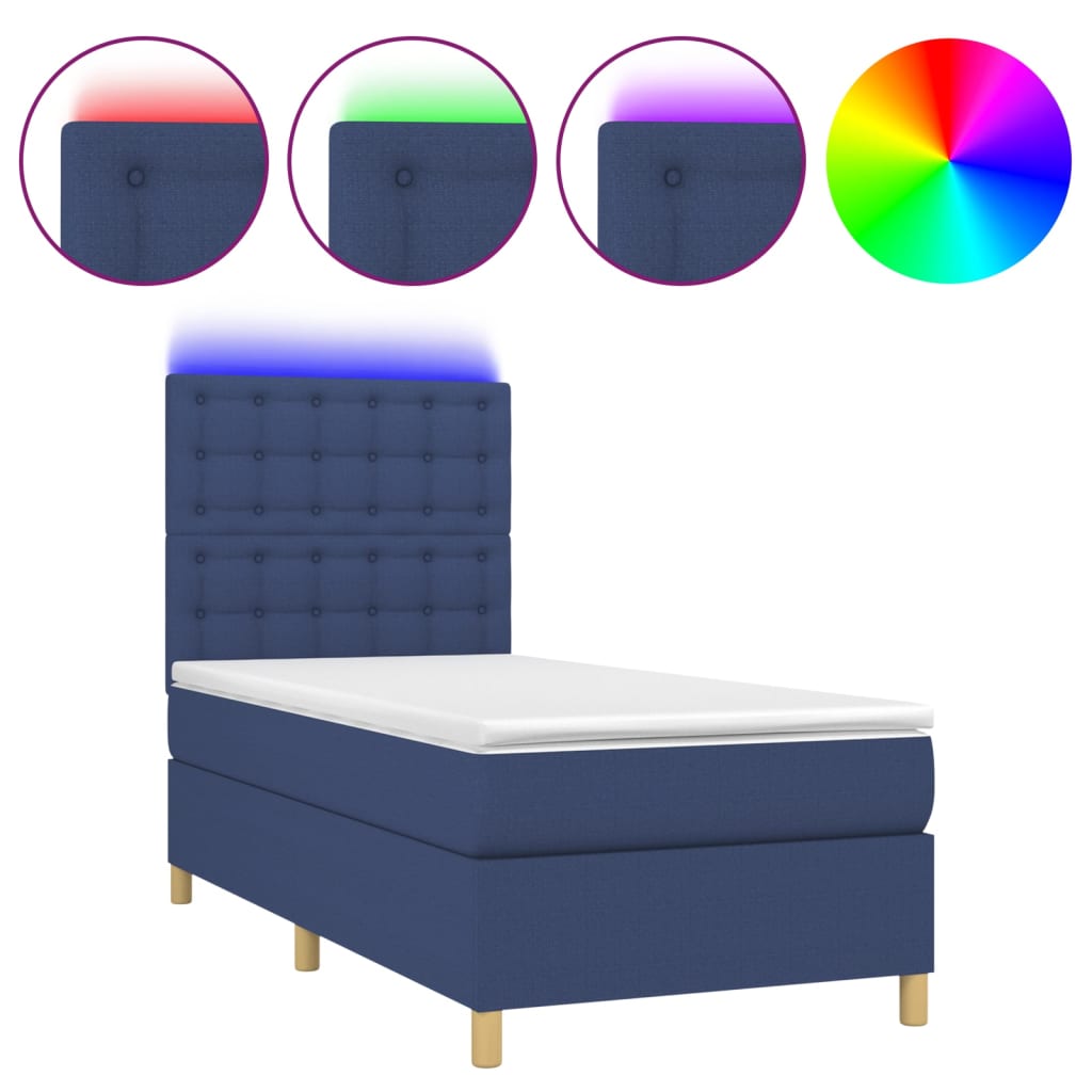 Krevet box spring s madracem LED plavi 90x200 cm od tkanine